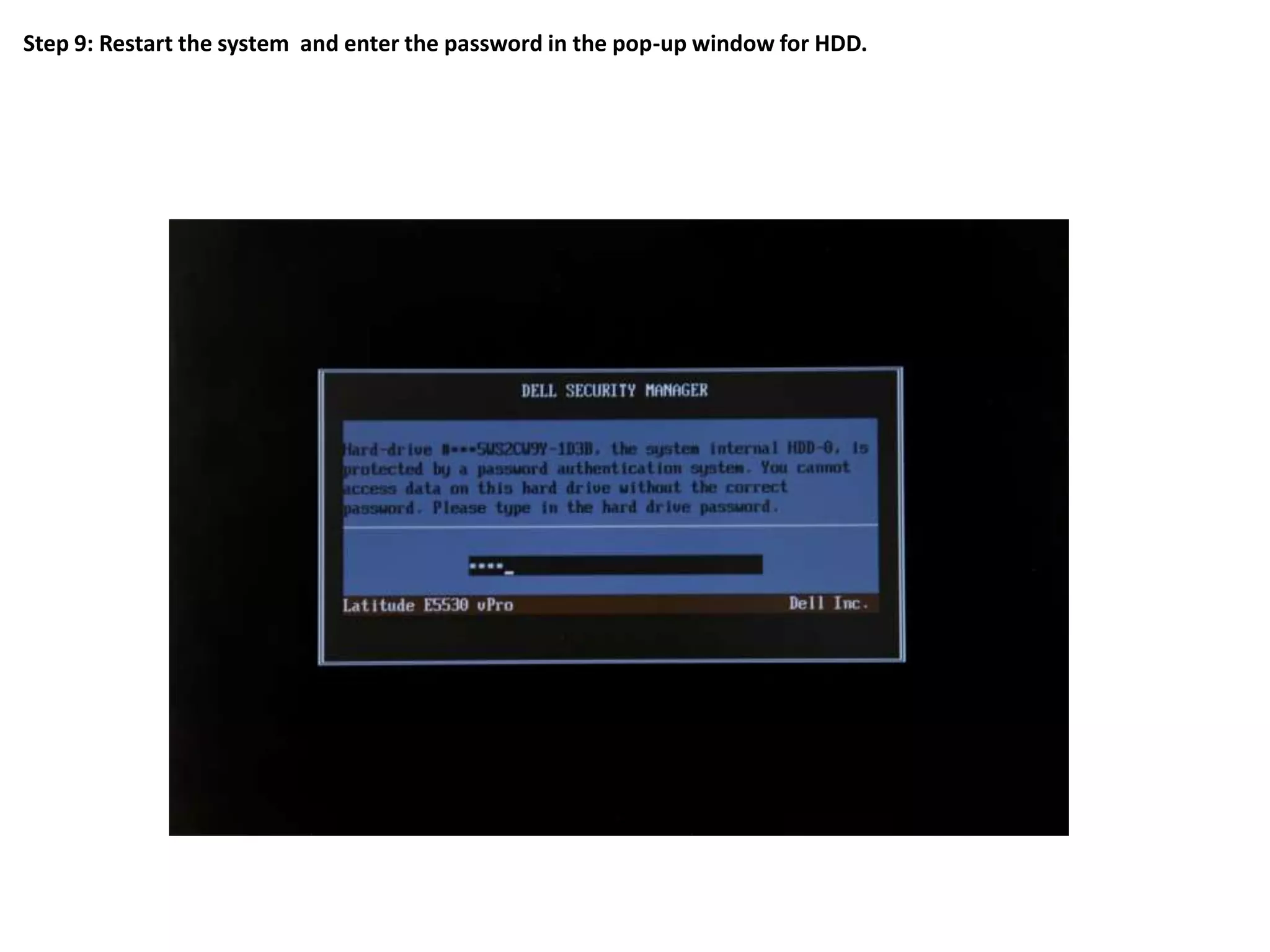 Step 9: Restart the system and enter the password in the pop-up window for HDD.

 
