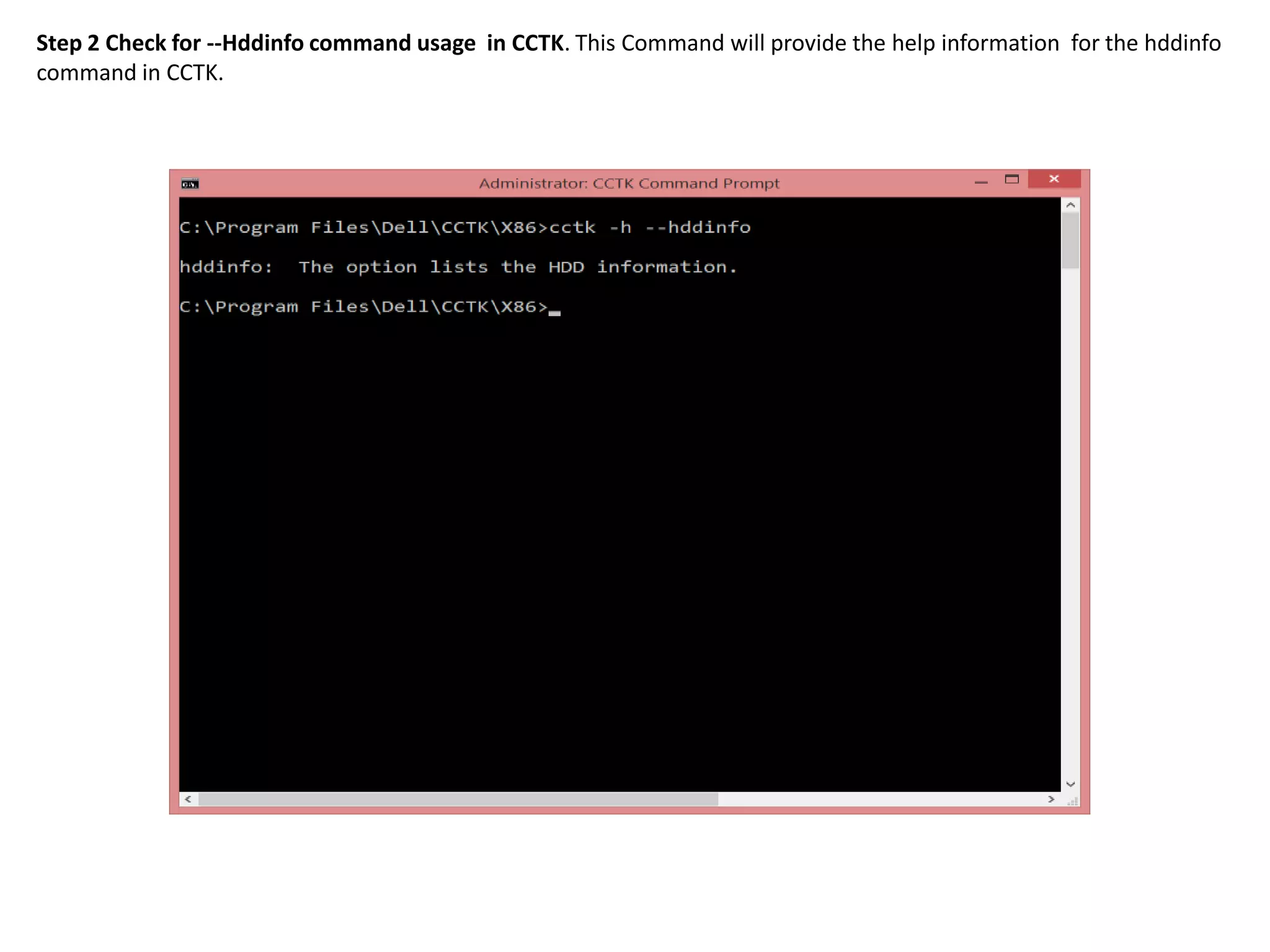 Step 2 Check for --Hddinfo command usage in CCTK. This Command will provide the help information for the hddinfo
command in CCTK.

 