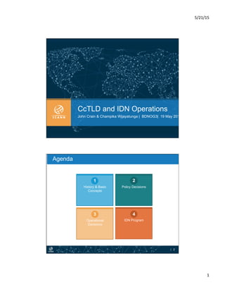5/21/15	
  
1	
  
CcTLD and IDN Operations
John Crain & Champika Wijayatunga | BDNOG3| 19 May 2015
| 2
History & Basic
Concepts
Policy Decisions
Operational
Decisions
IDN Program
1 2
3 4
Agenda
 