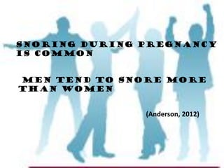 Snoring during pregnancy
Is common


Men tend to snore more
than women


               (Anderson, 2012)
 