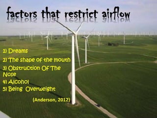 factors that restrict airflow

1) Dreams
2) The shape of the mouth
3) Obstruction Of The
Nose
4) Alcohol
5) Being Overweight

            (Anderson, 2012)
 