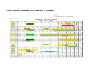 Annexe 3 – Planning hebdomadaire des créneaux pour un équipement


                                                                                                  CYCLE 1

                                                                                                  du 02 SEPTEMBRE AU 14 NOVEMBRE 2010



    Service des Sports
                                                            PLANNING CRENEAUX ANNUELS
                                                                DOJO CHENE LANDRY

       LUNDI      8h          9h    10h       11h     12h    13h   14h    15h         16h   17h      18h       19h     20h       21h       22h   23h   24h

      Tatami 1                             La Providence                                                                     UCJA 49
      Tatami 2                             La Providence                                                                     UCJA 49
      Tatami 3                                                                                                                E2JC


      MARDI       8h          9h    10h       11h     12h    13h   14h    15h         16h   17h      18h       19h     20h       21h       22h   23h   24h

                                                                          UCJA 49
      Tatami 1                        M. Curie                                                                  UCJA 49
                                                                         (Présence)
      Tatami 2                                 Providence                                                       UCJA 49
      Tatami 3                                                                                                   JEUNE FRANCE


     MERCREDI 8h            9h      10h       11h     12h   13h    14h   15h      16h       17h      18h       19h    20h       21h       22h    23h   24h

      Tatami 1                                ETAPS                                                  UCJA 49
      Tatami 2                                ETAPS                                                  UCJA 49
      Tatami 3                                                                  JEUNE FRANCE                         SUAPS             UCJA 49


       JEUDI      8h          9h    10h       11h     12h    13h   14h    15h         16h   17h      18h       19h     20h       21h       22h   23h   24h

      Tatami 1                             La Providence                                                                       UCJA 49
      Tatami 2                             La Providence                                                                       UCJA 49
      Tatami 3                       Police                                                                                         UCJA 49


     VENDREDI     8h          9h    10h       11h     12h    13h   14h    15h         16h   17h      18h       19h     20h       21h       22h   23h   24h

                                                                          UCJA 49
      Tatami 1                                                                                                            UCJA 49
                                                                         (Présence)
      Tatami 2                                                                                                       UCJA 49
      Tatami 3                                                                                                                   JEUNE FRANCE


      SAMEDI      8h          9h    10h       11h     12h    13h   14h    15h         16h   17h      18h       19h     20h       21h       22h   23h   24h

      Tatami 1                            UCJA 49
      Tatami 2                            UCJA 49
      Tatami 3                                ASPTT                         JEUNE FRANCE


     DIMANCHE     8h          9h    10h       11h     12h    13h   14h    15h         16h   17h      18h       19h     20h       21h       22h   23h   24h

                       UCJA 49
      Tatami 1
                       P és enc e
                        r
      Tatami 2
      Tatami 3
 