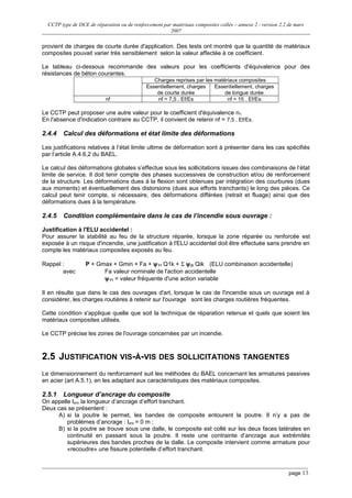 CCTP type de DCE de réparation ou de renforcement par matériaux composites collés – annexe 2 - version 2.2 de mars
2007
provient de charges de courte durée d'application. Des tests ont montré que la quantité de matériaux
composites pouvait varier très sensiblement selon la valeur affectée à ce coefficient.
Le tableau ci-dessous recommande des valeurs pour les coefficients d'équivalence pour des
résistances de béton courantes.
Charges reprises par les matériaux composites
Essentiellement, charges
de courte durée
Essentiellement, charges
de longue durée
nf nf = 7,5 . Ef/Es nf = 15 . Ef/Es
Le CCTP peut proposer une autre valeur pour le coefficient d'équivalence nf.
En l'absence d'indication contraire au CCTP, il convient de retenir nf = 7,5 . Ef/Es.
2.4.4 Calcul des déformations et état limite des déformations
Les justifications relatives à l’état limite ultime de déformation sont à présenter dans les cas spécifiés
par l’article A.4.6,2 du BAEL.
Le calcul des déformations globales s’effectue sous les sollicitations issues des combinaisons de l’état
limite de service. Il doit tenir compte des phases successives de construction et/ou de renforcement
de la structure. Les déformations dues à la flexion sont obtenues par intégration des courbures (dues
aux moments) et éventuellement des distorsions (dues aux efforts tranchants) le long des pièces. Ce
calcul peut tenir compte, si nécessaire, des déformations différées (retrait et fluage) ainsi que des
déformations dues à la température.
2.4.5 Condition complémentaire dans le cas de l’incendie sous ouvrage :
Justification à l'ELU accidentel :
Pour assurer la stabilité au feu de la structure réparée, lorsque la zone réparée ou renforcée est
exposée à un risque d'incendie, une justification à l'ELU accidentel doit être effectuée sans prendre en
compte les matériaux composites exposés au feu.
Rappel : P + Gmax + Gmin + Fa + ψ11 Q1k + Σ ψ2i Qik (ELU combinaison accidentelle)
avec Fa valeur nominale de l'action accidentelle
ψ11 = valeur fréquente d'une action variable
Il en résulte que dans le cas des ouvrages d'art, lorsque le cas de l'incendie sous un ouvrage est à
considérer, les charges routières à retenir sur l'ouvrage sont les charges routières fréquentes.
Cette condition s'applique quelle que soit la technique de réparation retenue et quels que soient les
matériaux composites utilisés.
Le CCTP précise les zones de l'ouvrage concernées par un incendie.
2.5 JUSTIFICATION VIS-À-VIS DES SOLLICITATIONS TANGENTES
Le dimensionnement du renforcement suit les méthodes du BAEL concernant les armatures passives
en acier (art A.5.1), en les adaptant aux caractéristiques des matériaux composites.
2.5.1 Longueur d’ancrage du composite
On appelle lanc la longueur d’ancrage d’effort tranchant.
Deux cas se présentent :
A) si la poutre le permet, les bandes de composite entourent la poutre. Il n’y a pas de
problèmes d’ancrage : lanc = 0 m ;
B) si la poutre se trouve sous une dalle, le composite est collé sur les deux faces latérales en
continuité en passant sous la poutre. Il reste une contrainte d’ancrage aux extrémités
supérieures des bandes proches de la dalle. Le composite intervient comme armature pour
«recoudre» une fissure potentielle d’effort tranchant.
page 13
 