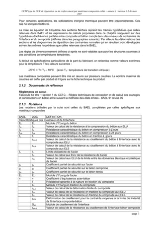 CCTP type de DCE de réparation ou de renforcement par matériaux composites collés – annexe 2 - version 2.2 de mars
2007
Pour certaines applications, les sollicitations d'origine thermique peuvent être prépondérantes. Ces
cas ne sont pas traités ici.
La mise en équation de l’équilibre des sections fléchies reprend les mêmes hypothèses que celles
retenues dans BAEL et les expressions de calculs proposées dans ce chapitre s’appuient sur des
hypothèses d’adhérence parfaite entre composite et béton compte tenu des niveaux de contraintes de
l’interface et du composite (définies dans les paragraphes suivants). Par ailleurs les déformations des
sections et les diagrammes de répartition des contraintes normales qui en résultent sont développés
suivant les mêmes hypothèses que celles retenues dans le BAEL.
Les règles de dimensionnement définies ci-après ne sont valables que pour les structures soumises à
des conditions de températures tempérées.
A défaut de spécifications particulières de la part du fabricant, on retiendra comme valeurs extrêmes
pour la température T les valeurs suivantes :
-20°C < T< TG – 10°C (avec TG : température de transition vitreuse)
Les matériaux composites peuvent être mis en œuvre sur plusieurs couches. Le nombre maximal de
couches est défini par produit et il figure sur la fiche technique du produit.
2.1.2 Documents de référence
Règlements de calcul
Fascicule 62 titre 1 section 1 du CCTG – Règles techniques de conception et de calcul des ouvrages
et constructions en béton armé suivant la méthode des états limites - BAEL 91 révisé 99
2.1.3 Notations
Les notations utilisées par la suite sont celles du BAEL complétées par celles spécifiques aux
matériaux composites
BAEL DOC DEFINITION
Caractéristiques des matériaux et de l’interface
Eb Eb Module d’Young du béton
fbu fbu Valeur de calcul de la résistance à la compression du béton aux ELU
fcj fcj Résistance caractéristique du béton en compression à j jours
fc28 fc28 Résistance caractéristique du béton en compression à 28 jours
ftj ftj Résistance caractéristique du béton en traction à j jours
τbcu,d Valeur de calcul de la résistance au cisaillement du béton à l’interface avec le
composite aux ELU
τbc,d Valeur de calcul de la résistance au cisaillement du béton à l’interface avec le
composite aux ELS
fe fe Limite d’élasticité de l’acier
fsu Valeur de calcul aux ELU de la résistance de l’acier
εsu Valeur de calcul aux ELU de la limite entre les domaines élastique et plastique
de l’acier
γs γs Coefficient partiel de sécurité sur l’acier
γb γb Coefficient partiel de sécurité sur le béton comprimé
γbt γbt Coefficient partiel de sécurité sur le béton tendu
Es Es Module d’Young de l’acier
n n Coefficient d’équivalence acier-béton
ff Résistance garantie à la rupture en traction du composite
Ef Module d’Young en traction du composite
εfu,d Valeur de calcul de la déformation limite du composite
ffu,d Valeur de calcul de la résistance en traction du composite aux ELU
ff,d Valeur de calcul de la résistance en traction du composite aux ELS
γad,e Déformation de cisaillement pour la contrainte moyenne à la limite de linéarité
de l’interface composite-béton
Gad Module de cisaillement de l’interface
τadu,d Valeur de calcul de la résistance au cisaillement de l’interface béton-composite
page 3
 