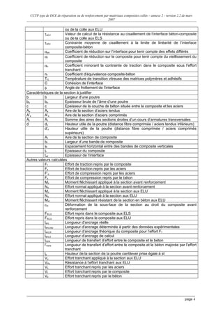 CCTP type de DCE de réparation ou de renforcement par matériaux composites collés – annexe 2 - version 2.2 de mars
2007
ou de la colle aux ELU
τad,d Valeur de calcul de la résistance au cisaillement de l’interface béton-composite
ou de la colle aux ELS
τad,e Contrainte moyenne de cisaillement à la limite de linéarité de l’interface
composite-béton
αad Coefficient de réduction sur l’interface pour tenir compte des effets différés
αf Coefficient de réduction sur le composite pour tenir compte du vieillissement du
composite
αv Coefficient minorant la contrainte de traction dans le composite sous l’effort
tranchant
nf Coefficient d’équivalence composite-béton
TG Température de transition vitreuse des matrices polymères et adhésifs
C Cohésion de l’interface
φ Angle de frottement de l’interface
Caractéristiques de la section à justifier
b b Largeur d’une poutre
bo bo Epaisseur brute de l’âme d’une poutre
c c Epaisseur de la couche de béton située entre le composite et les aciers
As As Aire de la section d’aciers tendus
A’s A’s Aire de la section d’aciers comprimés
At At Somme des aires des sections droites d’un cours d’armatures transversales
d ds Hauteur utile de la poutre (distance fibre comprimée / aciers tendus inférieurs)
d’s Hauteur utile de la poutre (distance fibre comprimée / aciers comprimés
supérieurs)
Af Aire de la section de composite
bf Largeur d’une bande de composite
sf Espacement horizontal entre des bandes de composite verticales
tf Epaisseur du composite
tad Epaisseur de l’interface
Autres valeurs calculées
Ff Effort de traction repris par le composite
Fs Effort de traction repris par les aciers
F’s Effort de compression repris par les aciers
Fb Effort de compression repris par le béton
Mo Moment fléchissant appliqué à la section avant renforcement
No Effort normal appliqué à la section avant renforcement
Mu Moment fléchissant appliqué à la section aux ELU
Nu Effort normal appliqué à la section aux ELU
Mur Moment fléchissant résistant de la section en béton aux ELU
εfo Déformation de la sous-face de la section au droit du composite avant
renforcement
FfELS Effort repris dans le composite aux ELS
FfELU Effort repris dans le composite aux ELU
lanc Longueur d’ancrage réelle
lanc,exp Longueur d’ancrage déterminée à partir des données expérimentales
lanc,th Longueur d’ancrage théorique du composite pour l’effort Ff
lanc,d Longueur d’ancrage de calcul
ltrans Longueur de transfert d’effort entre le composite et le béton
l’trans Longueur de transfert d’effort entre le composite et le béton majorée par l’effort
tranchant
lp Hauteur de la section de la poutre cantilever prise égale à st
Vu Effort tranchant appliqué à la section aux ELU
VRu Résistance à l’effort tranchant aux ELU
Vs Effort tranchant repris par les aciers
Vf Effort tranchant repris par le composite
Vb Effort tranchant repris par le béton
page 4
 