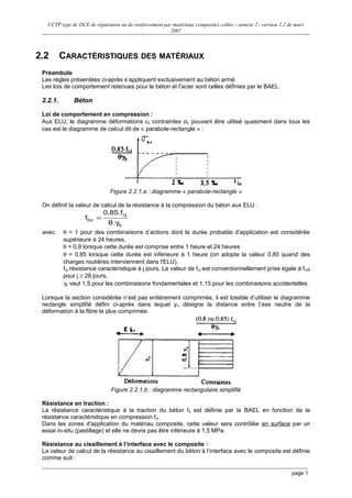 CCTP type de DCE de réparation ou de renforcement par matériaux composites collés – annexe 2 - version 2.2 de mars
2007
2.2 CARACTÉRISTIQUES DES MATÉRIAUX
Préambule
Les règles présentées ci-après s’appliquent exclusivement au béton armé.
Les lois de comportement retenues pour le béton et l'acier sont celles définies par le BAEL.
2.2.1. Béton
Loi de comportement en compression :
Aux ELU, le diagramme déformations εb contraintes σb pouvant être utilisé quasiment dans tous les
cas est le diagramme de calcul dit de « parabole-rectangle » :
Figure 2.2.1.a : diagramme « parabole-rectangle »
On définit la valeur de calcul de la résistance à la compression du béton aux ELU :
b
cj
bu
θ.
0,85.f
f
γ
=
avec θ = 1 pour des combinaisons d’actions dont la durée probable d’application est considérée
supérieure à 24 heures,
θ = 0,9 lorsque cette durée est comprise entre 1 heure et 24 heures
θ = 0,85 lorsque cette durée est inférieure à 1 heure (on adopte la valeur 0,85 quand des
charges routières interviennent dans l'ELU),
fcj résistance caractéristique à j jours. La valeur de fcj est conventionnellement prise égale à fc28
pour j ≥ 28 jours,
γb vaut 1,5 pour les combinaisons fondamentales et 1,15 pour les combinaisons accidentelles.
Lorsque la section considérée n’est pas entièrement comprimée, il est loisible d’utiliser le diagramme
rectangle simplifié défini ci-après dans lequel yu désigne la distance entre l’axe neutre de la
déformation à la fibre la plus comprimée.
Figure 2.2.1.b : diagramme rectangulaire simplifié
Résistance en traction :
La résistance caractéristique à la traction du béton ftj est définie par le BAEL en fonction de la
résistance caractéristique en compression fcj.
Dans les zones d'application du matériau composite, cette valeur sera contrôlée en surface par un
essai in-situ (pastillage) et elle ne devra pas être inférieure à 1,5 MPa.
Résistance au cisaillement à l’interface avec le composite :
La valeur de calcul de la résistance au cisaillement du béton à l’interface avec le composite est définie
comme suit :
page 5
 