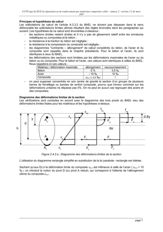 CCTP type de DCE de réparation ou de renforcement par matériaux composites collés – annexe 2 - version 2.2 de mars
2007
Principes et hypothèses de calcul
Les sollicitations de calcul de l’article A.3.3.2 du BAEL ne doivent pas dépasser dans le sens
défavorable les sollicitations limites ultimes résultant des règles énoncées dans les paragraphes qui
suivent. Les hypothèses de ce calcul sont énumérées ci-dessous :
- les sections droites restent droites et il n’y a pas de glissement relatif entre les armatures
métalliques ou composites et le béton ;
- la résistance à la traction du béton est négligée ;
- la résistance à la compression du composite est négligée ;
- les diagrammes "contrainte – allongement" de calcul considérés du béton, de l’acier et du
composite sont rappelés dans le chapitre précédents. Pour le béton et l’acier, ils sont
identiques à ceux du BAEL,
- les déformations des sections sont limitées par les déformations maximales de l’acier ou du
béton ou du composite. Pour le béton et l’acier, ces valeurs sont identiques à celles du BAEL.
Nous rappelons ici ces valeurs :
Matériau / déformation maximale allongement raccourcissement
Béton 0 % 3,5 ‰
Acier - 10 ‰ 10 ‰
Composite εfu,d (≤ 8,5 ‰) /
- on peut supposer concentrée en son centre de gravité la section d’un groupe de plusieurs
barres de ferraillage ou bandes de renfort composite, pourvu que l’erreur commise sur les
déformations unitaires ne dépasse pas 5%. On ne peut en aucun cas regrouper des aciers et
des composites.
Diagramme des déformations limites de la section
Les vérifications sont conduites en accord avec le diagramme des trois pivots du BAEL issu des
déformations limites fixées pour les matériaux et les hypothèses ci-dessus.
Figure 2.4.2.a : Diagramme des déformations limites de la section
L’utilisation du diagramme rectangle simplifié en substitution de la loi parabole - rectangle est tolérée.
Sachant qu’aux ELU la déformation limite du composite εfu,d est inférieure à celle de l’acier ( εfu,d < 10
‰ ), on introduit la notion du pivot D (ou pivot A réduit), qui correspond à l’atteinte de l’allongement
ultime du composite εfu,d .
page 9
h
0,8y
εbc
d
y
fbu
Fs
Ff
Fs’
εf
εs
εs’
fbu
Fs’
Fs
Ff
As’
As
Af
ou
 