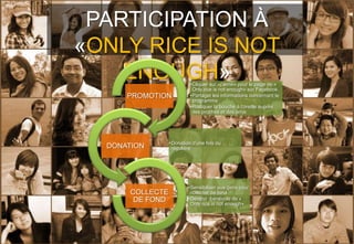 PARTICIPATION À
«ONLY RICE IS NOT
    ENOUGH»                •Cliquer sur «j’aime» pour le page de «
                            Only rice is not enough» sur Facebook.
      PROMOTION            •Partager les informations concernant le
                            programme
                           •Pratiquer la bouche à l’oreille auprès
                            des proches et des amis




                  •Donation d’une fois ou
  DONATION         régulière




                          •Sensibiliser aux gens pour
       COLLECTE            collecter de fond
        DE FOND           •Devenir bénévole de «
                           Only rice is not enough»
 