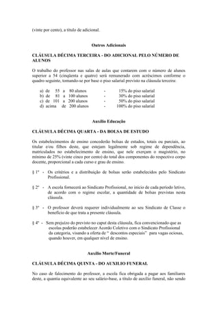 (vinte por cento), a título de adicional.


                                    Outros Adicionais

CLÁUSULA DÉCIMA TERCEIRA - DO ADICIONAL PELO NÚMERO DE
ALUNOS

O trabalho do professor nas salas de aulas que contarem com o número de alunos
superior a 54 (cinqüenta e quatro) será remunerado com acréscimos conforme o
quadro seguinte, tomando-se por base o piso salarial previsto na cláusula terceira:

    a)   de 55     a    80 alunos           -    15% do piso salarial
    b)   de 81     a   100 alunos           -    30% do piso salarial
    c)   de 101    a   200 alunos           -    50% do piso salarial
    d)   acima    de   200 alunos           -   100% do piso salarial


                                    Auxílio Educação

CLÁUSULA DÉCIMA QUARTA - DA BOLSA DE ESTUDO

Os estabelecimentos de ensino concederão bolsas de estudos, totais ou parciais, ao
titular e/ou filhos deste, que estejam legalmente sob regime de dependência,
matriculados no estabelecimento de ensino, que nele exerçam o magistério, no
mínimo de 25% (vinte cinco por cento) do total dos componentes do respectivo corpo
docente, proporcional a cada curso e grau de ensino.

§ 1º - Os critérios e a distribuição de bolsas serão estabelecidos pelo Sindicato
       Profissional.

§ 2º - A escola fornecerá ao Sindicato Profissional, no início de cada período letivo,
       de acordo com o regime escolar, a quantidade de bolsas previstas nesta
       cláusula.

§ 3º - O professor deverá requerer individualmente ao seu Sindicato de Classe o
       benefício de que trata a presente cláusula.

§ 4º - Sem prejuízo do previsto no caput desta cláusula, fica convencionado que as
        escolas poderão estabelecer Acordo Coletivo com o Sindicato Profissional
        da categoria, visando a oferta de “ descontos especiais” para vagas ociosas,
        quando houver, em qualquer nível de ensino.


                                 Auxílio Morte/Funeral

CLÁUSULA DÉCIMA QUINTA - DO AUXILIO FUNERAL

No caso de falecimento do professor, a escola fica obrigada a pagar aos familiares
deste, a quantia equivalente ao seu salário-base, a título de auxílio funeral, não sendo
 
