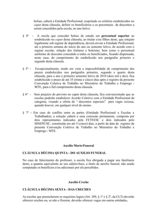 bolsas, caberá a Entidade Profissional, respeitado os critérios estabelecidos no
             caput desta cláusula, definir os beneficiários e os percentuais de descontos a
             serem concedidos pela escola, no ano letivo.

§ 4º     -     A escola que conceder bolsas de estudo em percentual superior ao
             estabelecido no caput desta cláusula, ao titular e/ou filhos deste, que estejam
             legalmente sob regime de dependência, deverá enviar a Entidade Profissional,
             até a primeira semana do início do ano ou semestre letivo, de acordo com o
             regime escolar, relação dos titulares e bolsistas, bem como o percentual
             uniforme de desconto concedido a todos os beneficiados, ficando dispensada,
             neste caso, do cumprimento do estabelecido nos parágrafos primeiro e
             segundo desta cláusula.

§ 5º -       Excepcionalmente, tendo em vista a impossibilidade de cumprimento dos
             prazos estabelecidos nos parágrafos primeiro, segundo e quarto desta
             cláusula, para o ano e primeiro semestre letivo de 2010 (dois mil e dez), fica
             estabelecido o prazo de até 35 (trinta e cinco) dias após o registro da presente
             Convenção Coletiva de Trabalho no Ministério do Trabalho e Emprego -
             MTE, para o fiel cumprimento desta cláusula.

§ 6º - Sem prejuízo do previsto no caput desta cláusula, fica convencionado que as
       escolas poderão estabelecer Acordo Coletivo com a Entidade Profissional da
       categoria, visando a oferta de “ descontos especiais” para vagas ociosas,
       quando houver, em qualquer nível de ensino.

§ 7º - Em caso de conflito entre as partes (Entidade Profissional x Escolas x
        Trabalhador), a solução caberá a uma comissão permanente, composta por
        dois representantes indicados pela FETEESC e dois indicados pelo
        SINEPE/SC, constituída em até 5 (cinco) dias, a partir da data de registro da
        presente Convenção Coletiva de Trabalho no Ministério do Trabalho e
        Emprego - MTE.



                                    Auxílio Morte/Funeral

CLÁUSULA DÉCIMA QUINTA - DO AUXILIO FUNERAL

No caso de falecimento do professor, a escola fica obrigada a pagar aos familiares
deste, a quantia equivalente ao seu salário-base, a título de auxílio funeral, não sendo
computado os benefícios e/ou adicionais por ele percebidos.



                                        Auxílio Creche

CLÁUSULA DÉCIMA SEXTA - DAS CRECHES

As escolas que preencherem os requisitos legais (Art. 389, § 1º e § 2º, da CLT) deverão
oferecer creches ou, se não o fizerem, deverão oferecer vagas em outras entidades,
 
