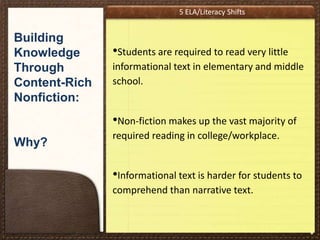 5 ELA/Literacy Shifts

Building
Knowledge
Through
Content-Rich
Nonfiction:

•Students are required to read very little
informational text in elementary and middle
school.

•Non-fiction makes up the vast majority of
Why?

required reading in college/workplace.

•Informational text is harder for students to
comprehend than narrative text.

*

 