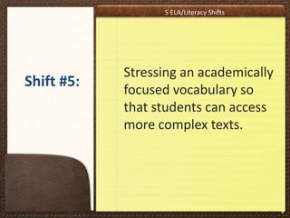 5 ELA/Literacy Shifts

Shift #5:

Stressing an academically
focused vocabulary so
that students can access
more complex texts.

*

 