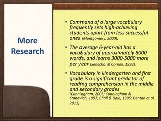 More
Research

• Command of a large vocabulary
frequently sets high-achieving
students apart from less successful
ones (Montgomery, 2000).
• The average 6-year-old has a
vocabulary of approximately 8000
words, and learns 3000-5000 more
per year (Senechal & Cornell, 1993).
• Vocabulary in kindergarten and first
grade is a significant predictor of
reading comprehension in the middle
and secondary grades

(Cunningham, 2005; Cunningham &
Stanovich, 1997; Chall & Dale, 1995; Denton et al.
2011).

 