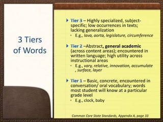 – Highly specialized, subjectspecific; low occurrences in texts;
lacking generalization

3 Tiers
of Words

◦ E.g., lava, aorta, legislature, circumference

–Abstract, general academic
(across content areas); encountered in
written language; high utility across
instructional areas

◦ E.g., vary, relative, innovation, accumulate
, surface, layer

– Basic, concrete, encountered in
conversation/ oral vocabulary; words
most student will know at a particular
grade level

◦ E.g., clock, baby

Common Core State Standards, Appendix A, page 33

 