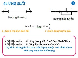 4# ỨNG SUẤT
E : Gọi là mô đun đàn hồi 𝜺 : Biến dạng tương đối.
 Vật liệu có bản chất năng lượng thì có mô đun đàn hồi lớn.
 Vật liệu có bản chất động học thì có mô đun nhỏ .
Sự khác nhau giữa hai bản chất là phụ thuộc vào nhiệt độ và
hiêu ứng nhiệt khi biến dạng
1
 