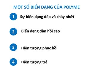 1
MỘT SỐ BIẾN DẠNG CỦA POLYME
2
3
4
Sự biến dạng dẻo và chảy nhớt
Biến dạng đàn hồi cao
Hiện tượng phục hồi
Hiện tượng trễ
 
