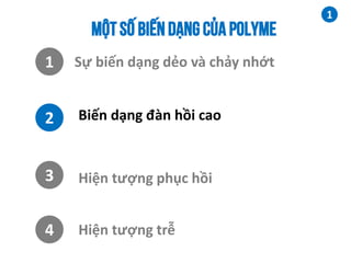 1
1
MỘTSỐ BIẾN DẠNG CỦA POLYME
2
3
4
Sự biến dạng dẻo và chảy nhớt
Biến dạng đàn hồi cao
Hiện tượng phục hồi
Hiện tượng trễ
 