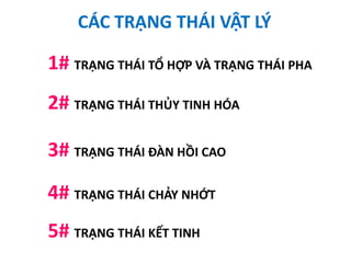 CÁC TRẠNG THÁI VẬT LÝ
1# TRẠNG THÁI TỔ HỢP VÀ TRẠNG THÁI PHA
2# TRẠNG THÁI THỦY TINH HÓA
3# TRẠNG THÁI ĐÀN HỒI CAO
4# TRẠNG THÁI CHẢY NHỚT
5# TRẠNG THÁI KẾT TINH
 