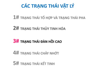 CÁC TRẠNG THÁI VẬT LÝ
1# TRẠNG THÁI TỔ HỢP VÀ TRẠNG THÁI PHA
2# TRẠNG THÁI THỦY TINH HÓA
3# TRẠNG THÁI ĐÀN HỒI CAO
4# TRẠNG THÁI CHẢY NHỚT
5# TRẠNG THÁI KẾT TINH
 