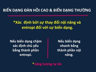 *Xác định bởi sự thay đổi nội năng và
entropi đối với sự biến dạng.
*năng lượng tự do
BIẾN DẠNG ĐÀN HỒI CAO & BIẾN DẠNG THƯỜNG
Nếu biến dạng chậm
xác định chủ yếu
bằng thành phần
entropi.
Nếu biến dạng
nhanh bằng
thành phần nội
năng.
 