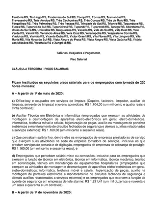 Teutônia/RS, Tio Hugo/RS, Tiradentes do Sul/RS, Toropi/RS, Torres/RS, Tramandaí/RS,
Travesseiro/RS, Três Arroios/RS, Três Cachoeiras/RS, Três Coroas/RS, Três de Maio/RS, Três
Forquilhas/RS, Três Palmeiras/RS, Três Passos/RS, Trindade do Sul/RS, Triunfo/RS, Tucunduva/RS,
Tunas/RS, Tupanci do Sul/RS, Tupanciretã/RS, Tupandi/RS, Tuparendi/RS, Turuçu/RS, Ubiretama/RS,
União da Serra/RS, Unistalda/RS, Uruguaiana/RS, Vacaria/RS, Vale do Sol/RS, Vale Real/RS, Vale
Verde/RS, Vanini/RS, Venâncio Aires/RS, Vera Cruz/RS, Veranópolis/RS, Vespasiano Corrêa/RS,
Viadutos/RS, Viamão/RS, Vicente Dutra/RS, Victor Graeff/RS, Vila Flores/RS, Vila Lângaro/RS, Vila
Maria/RS, Vila Nova do Sul/RS, Vista Alegre do Prata/RS, Vista Alegre/RS, Vista Gaúcha/RS, Vitória
das Missões/RS, Westfália/RS e Xangri-lá/RS.
Salários, Reajustes e Pagamento
Piso Salarial
CLÁUSULA TERCEIRA - PISOS SALARIAIS
Ficam instituídos os seguintes pisos salariais para os empregados com jornada de 220
horas mensais:
A – A partir de 1º de maio de 2020:
a) Office-boy e ocupados em serviços de limpeza (Copeiro, faxineiro, limpador, auxiliar de
limpeza, servente de limpeza) e jovens aprendizes: R$ 1.104,30 (um mil cento e quatro reais e
trinta centavos);
b) Auxiliar Técnico em Eletrônica e Informática (empregados que exerçam as atividades de
montagem e desmontagem de aparelhos eletro-eletrônicos em geral, eletro-domésticos,
informática, telefonia móvel e celular, higienização de peças, auxílio na montagem de porteiros
eletrônicos e monitoramento de circuitos fechados de segurança e demais auxílios relacionados
a serviços externos): R$ 1.160,00 (um mil cento e sessenta reais).
c) Que percebam salário fixo, dentre eles os empregados de empresas prestadoras de serviço
que exerçam suas atividades na sede de empresa tomadora de serviços, inclusive os que
prestam serviços de portaria e de digitação, empregados de empresas de cobrança de pedágio:
R$ 1.160,00 (um mil cento e sessenta reais); e
d) Empregados que percebam salário misto ou comissões, inclusive para os empregados que
exercem a função de técnico em eletrônica, técnico em informática, técnico mecânico, técnico
em sonorização, técnico em manutenção de equipamentos hospitalares (empregados que
exerçam as atividades de montagem e desmontagem de aparelhos eletro-eletrônicos em geral,
eletro-domésticos, informática, telefonia móvel e celular, higienização de peças, auxílio na
montagem de porteiros eletrônicos e monitoramento de circuitos fechados de segurança e
demais auxílios relacionados a serviços externos) e os empregados que exercem a função de
agente de segurança em empresas de tele alarme: R$ 1.291,41 (um mil duzentos e noventa e
um reais e quarenta e um centavos).
B – A partir de 1º de novembro de 2020:
 