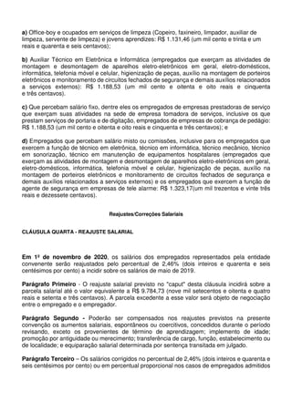 a) Office-boy e ocupados em serviços de limpeza (Copeiro, faxineiro, limpador, auxiliar de
limpeza, servente de limpeza) e jovens aprendizes: R$ 1.131,46 (um mil cento e trinta e um
reais e quarenta e seis centavos);
b) Auxiliar Técnico em Eletrônica e Informática (empregados que exerçam as atividades de
montagem e desmontagem de aparelhos eletro-eletrônicos em geral, eletro-domésticos,
informática, telefonia móvel e celular, higienização de peças, auxílio na montagem de porteiros
eletrônicos e monitoramento de circuitos fechados de segurança e demais auxílios relacionados
a serviços externos): R$ 1.188,53 (um mil cento e oitenta e oito reais e cinquenta
e três centavos).
c) Que percebam salário fixo, dentre eles os empregados de empresas prestadoras de serviço
que exerçam suas atividades na sede de empresa tomadora de serviços, inclusive os que
prestam serviços de portaria e de digitação, empregados de empresas de cobrança de pedágio:
R$ 1.188,53 (um mil cento e oitenta e oito reais e cinquenta e três centavos); e
d) Empregados que percebam salário misto ou comissões, inclusive para os empregados que
exercem a função de técnico em eletrônica, técnico em informática, técnico mecânico, técnico
em sonorização, técnico em manutenção de equipamentos hospitalares (empregados que
exerçam as atividades de montagem e desmontagem de aparelhos eletro-eletrônicos em geral,
eletro-domésticos, informática, telefonia móvel e celular, higienização de peças, auxílio na
montagem de porteiros eletrônicos e monitoramento de circuitos fechados de segurança e
demais auxílios relacionados a serviços externos) e os empregados que exercem a função de
agente de segurança em empresas de tele alarme: R$ 1.323,17(um mil trezentos e vinte trës
reais e dezessete centavos).
Reajustes/Correções Salariais
CLÁUSULA QUARTA - REAJUSTE SALARIAL
Em 1º de novembro de 2020, os salários dos empregados representados pela entidade
convenente serão reajustados pelo percentual de 2,46% (dois inteiros e quarenta e seis
centésimos por cento) a incidir sobre os salários de maio de 2019.
Parágrafo Primeiro - O reajuste salarial previsto no "caput" desta cláusula incidirá sobre a
parcela salarial até o valor equivalente a R$ 9.784,73 (nove mil setecentos e oitenta e quatro
reais e setenta e três centavos). A parcela excedente a esse valor será objeto de negociação
entre o empregado e o empregador.
Parágrafo Segundo - Poderão ser compensados nos reajustes previstos na presente
convenção os aumentos salariais, espontâneos ou coercitivos, concedidos durante o período
revisando, exceto os provenientes de término de aprendizagem; implemento de idade;
promoção por antiguidade ou merecimento; transferência de cargo, função, estabelecimento ou
de localidade; e equiparação salarial determinada por sentença transitada em julgado.
Parágrafo Terceiro – Os salários corrigidos no percentual de 2,46% (dois inteiros e quarenta e
seis centésimos por cento) ou em percentual proporcional nos casos de empregados admitidos
 