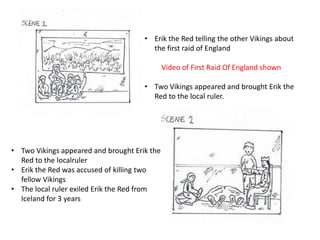 • Erik the Red telling the other Vikings about
the first raid of England
Video of First Raid Of England shown
• Two Vikings appeared and brought Erik the
Red to the local ruler.

• Two Vikings appeared and brought Erik the
Red to the localruler
• Erik the Red was accused of killing two
fellow Vikings
• The local ruler exiled Erik the Red from
Iceland for 3 years

 