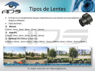 Tipos de Lentes
 El lente es un complemento de gran importancia en una cámara con esto podemos definir el
    Angulo y enfoques.
 Tipos de lentes.
 Manual.
(2.8mm , 4mm , 6mm , 8mm , 12mm , 16mm)
 Auto-Iris.
(2.8mm , 4mm , 6mm , 8mm , 12mm , 16mm)
 Varifocal. (Iris manual o Auto Iris)
(2.8mm a 12mm , 3mm a 8mm , 5mm a 50mm , 5mm a 100mm, 6mm a 15mm , 6mm a 36mm )
 
