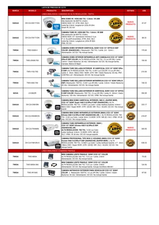 LISTA DE PRECIOS DE CCTV
MARCA MODELO PRODUCTO DESCRIPCION ESTADO S US$
LINEA ANALOGICA | CAMARAS DE ALTA RESOLUCION - 700TVL
DAHUA DH-CA-DW171EN
MINI DOMO IR / HDIS 600 TVL / 2.8mm / IR 20M
Alta resolución de 600TVL (Color)
CMOS HDIS 1/3", ATW, AGC, BLC
Lente fijo 2 8mm longitud en LEDs IR 20m
NUEVO
PRODUCTO
91.67
600 Lente fijo 2.8mm, longitud en LEDs IR 20m
Smart IR, DC12V
DAHUA DH-CA-FW171DN
CAMARA TUBO IR / HDIS 600 TVL / 3.6mm / IR 50M
Alta resolución de 600TVL (Color),
CMOS HDIS 1/3", iluminacion minima 0.1Lux
F1.2, 0Lux(IR encendido), ATW, AGC, BLC
Lente fijo 3.6mm, Longitud en LEDs IR 50m
IP66, DC12V
NUEVO
PRODUCTO
98.33
TWIDA TWD-D206-II
CAMARA DOMO INTERIOR VARIFOCAL SONY CCD 1/3’’ EFFIO-E DSP
COLOR (DIA/NOCHE) | Resolución: 700 TVL / Lente: 2.8 - 12mm / 175.00
600
TVL
600
TVL
( ) |
Alimentación: DC12V / No incluye fuente
TWIDA TWD-ID008-700
CAMARA DOMO INTERIOR INFRARROJA ANTI-VANDALICA CCD 1/3" SONY
Effio-E DSP COLOR | ALTA RESOLUCION: 700 TVL / 0 Lux (IR ON) / Lente:
3.6mm / Visión Nocturna: 20 mts / Alimentación: DC12V, No incluye fuente,
Carcasa: Blanco & Negro
150.00
TWIDA TWD-I102-700
CAMARA TUBO SELLADA EXTERIOR IR VARIFOCAL CCD 1/3" SONY Effio-
E DSP | ALTA RESOLUCION: 700 TVL / 0.001 Lux COLOR / 0 Lux (IR ON) /
Lente: 4 - 9mm / Menú OSD / WDR / ATR / NR / Visión Nocturna: 45 mts, IP67,
CONTRA LUZ / Alimentación: DC12V, No incluye fuente
210.00
TWIDA TWD-I002-700
CAMARA TUBO SELLADA EXTERIOR INFRARROJA CCD 1/3" SONY Effio-E
DSP | Resolución: 700TVL / 0.001 Lux (IR ON) / Lente: 3.6mm / Visión Nocturna:
20 mts / Alimentación: DC12V, No incluye fuente
148.33
NOVA LS-0822R
CAMARA TUBO SELLADA EXTERIOR IR VARIFOCAL SONY CCD 1/3'' EFFIO-
E DSP COLOR | Resolución: 700 TVL / 0 Lux (IR ON) / Lente: 8 - 22mm / Visión
Nocturna: 120 mts / Alimentación: DC12V / IP66 / No incluye fuente
350.00
CAMARA MINI DOMO VARIFOCAL INTERIOR ( 960 H ) (SUPER WDR)
DAHUA DH-CA-D581BN
CCD 1/3" SONY Super HAD II & Effio-P DSP (DIA/NOCHE) | ALTA
RESOLUCION: 700 TVL / 0.0001 Lux Color / Lente Varifoca AutoIris: 4-9mm /
Menú OSD / Súper WDR / ATR / 2D/3D- NR / HLC / AC24V, DC12V / No incluye
fuente
333.17
DAHUA DH-CA-DW480CN
CAMARA MINI DOMO INFRARROJO EXTERIOR (960H) CCD 1/3" SONY
EXview HAD II & Effio-E DSP (DIA/NOCHE) (IR) | ALTA RESOLUCION: 700
TVL / 0.02 Lux Color / Lente: 6mm / D-WDR / ATR / NR 2D / HLC / IP66 / IR 20
mts / DC12V / No incluye fuente
216.67
CAMARA TUBO INFRARROJO EXTERIOR ( 960H )
CCD 1/3" SONY EXview HAD II & Effio-E DSP
(DIA/NOCHE) (IR) NUEVO
DAHUA DH-CA-FW480N
(DIA/NOCHE) (IR)
ALTA RESOLUCION: 700 TVL / 0.02 Lux Color
Lente Varifocal: 4-9mm / D-WDR / ATR / NR 2D
HLC / IP66 / IR 30 mts / DC12V incluye soporte
NUEVO
PRODUCTO
300.00
DAHUA DH-CA-F581DN-A
CAMARA PROFESIONAL TIPO BOX C/ HOUSING (960H) CCD 1/3" SONY
Exview HAD II & Effio-P DSP (DIA/NOCHE) (SUPER WDR) | ALTA
RESOLUCION: 700 TVL / 0.0001 Lux Color / Lente Varifocal AutoIris: 2.7 - 9mm
/ Menú OSD / Súper WDR / ATR / 2D/3D- NR / HLC / AC24V, DC12V / No
incluye fuente
438.33
LINEA ANALOGICA | CAMARAS PINHOLE
TWIDA TWD-M004
MINI CAMARA LENTE PINHOLE SONY CCD 1/3’’ COLOR
ALTA RESOLUCION: 420 TVL / 0.5 Lux / Lente: 2.8mm
Alimentación: DC12V, No incluye fuente
75.00
TWIDA TWD-M004-540
MINI CAMARA LENTE PINHOLE SONY CCD 1/3’’ COLOR
ALTA RESOLUCION: 540 TVL / 0.5 Lux / Lente: 2.8mm
Alimentación: DC12V, No incluye fuente, Incluye micrófono AM-001
124.50
TWIDA TWD-IR104S
CAMARA ANTISHOCK EXTERIOR PARA VEHICULOS CCD 1/3’’ SONY
COLOR | Resolución: 420TVL / 0 Lux (IR ON) / Lente: 3.6mm / Visión
Nocturna: 20 mts / Alimentación: DC12V, No incluye fuente
97.50
 