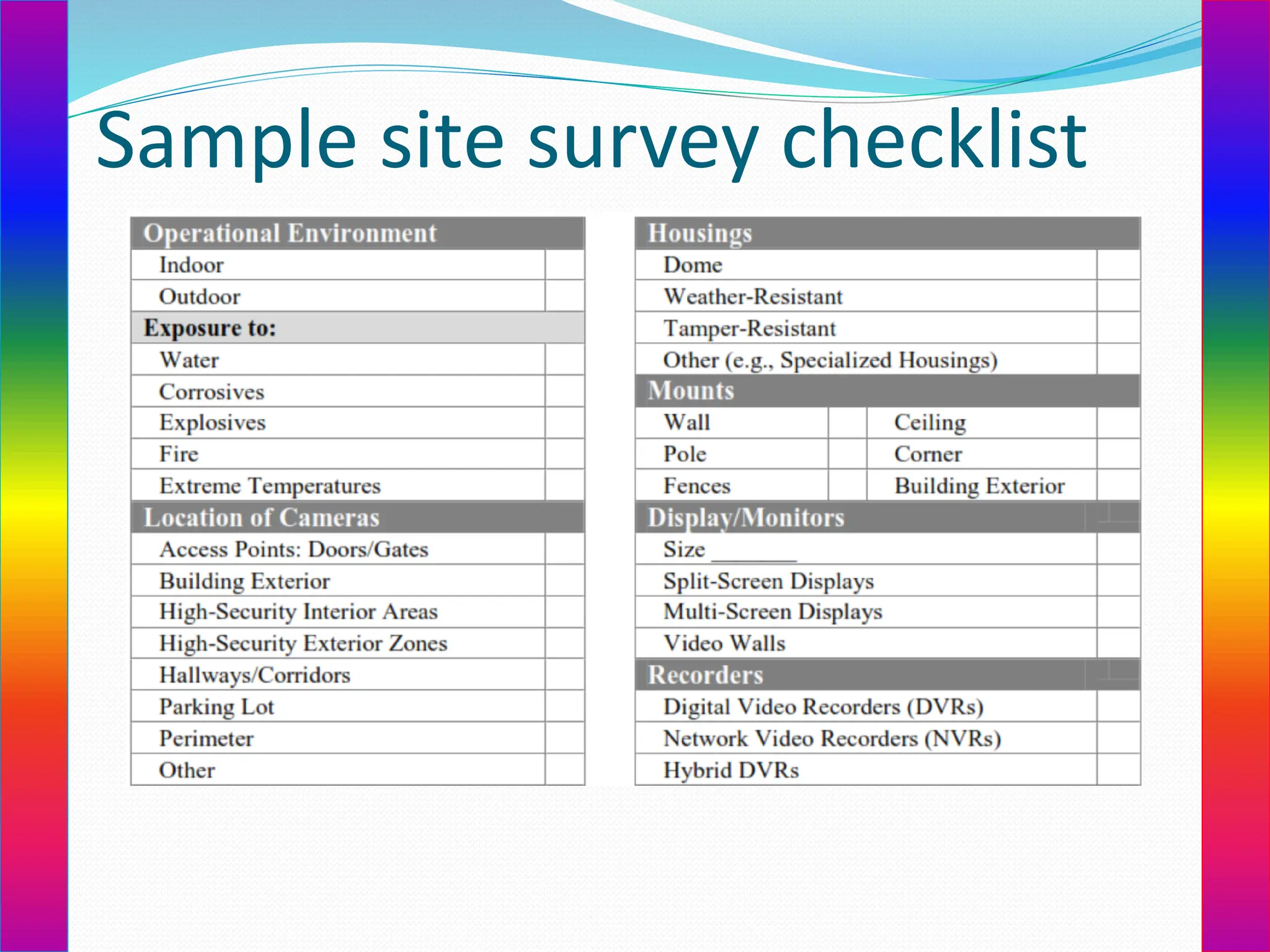 Sample site survey checklist
 