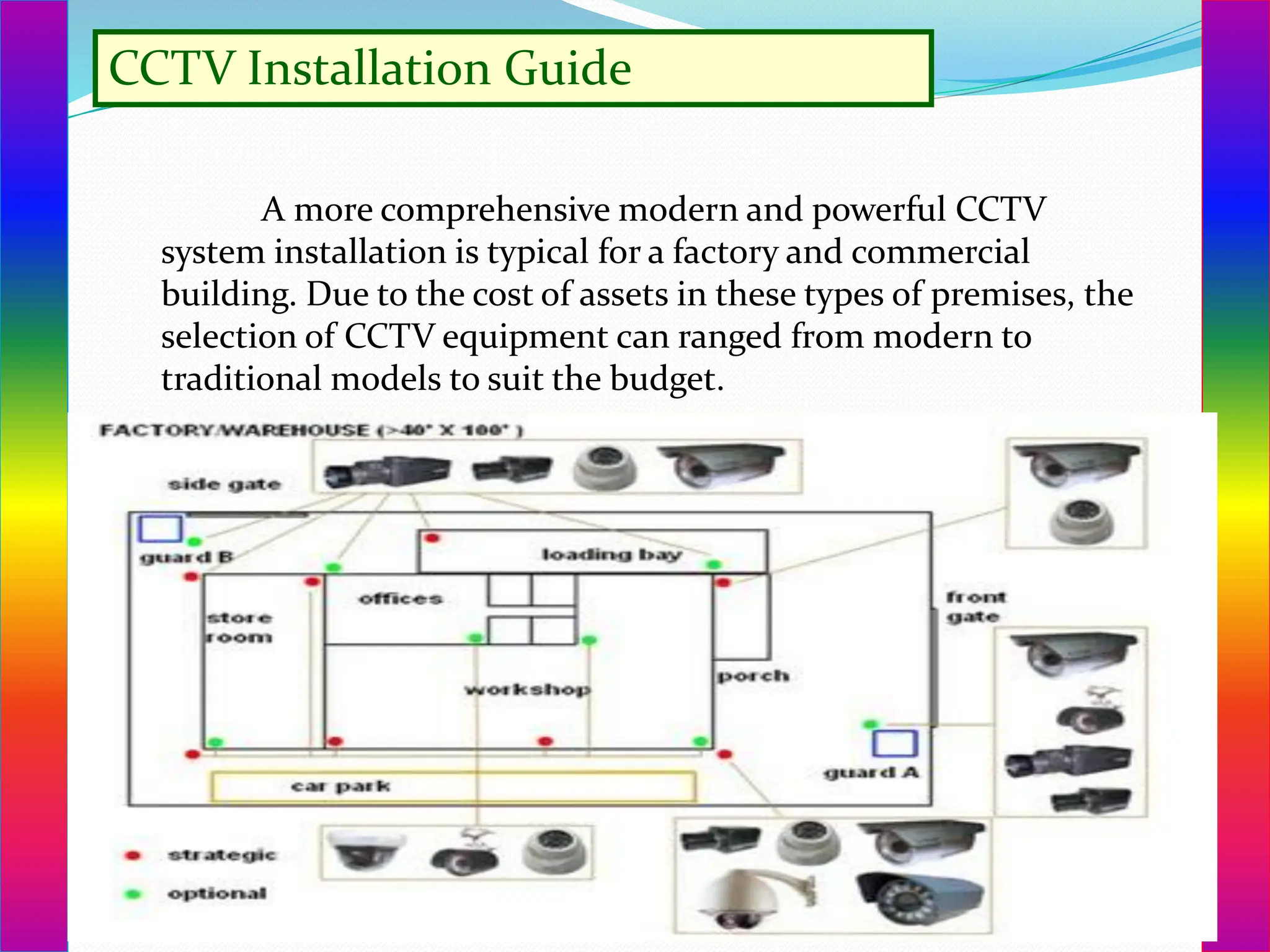 CCTV Installation Guide
A more comprehensive modern and powerful CCTV
system installation is typical for a factory and commercial
building. Due to the cost of assets in these types of premises, the
selection of CCTV equipment can ranged from modern to
traditional models to suit the budget.
 
