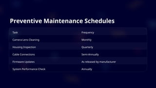 Preventive Maintenance Schedules
Task Frequency
Camera Lens Cleaning Monthly
Housing Inspection Quarterly
Cable Connections Semi-Annually
Firmware Updates As released by manufacturer
System Performance Check Annually
 