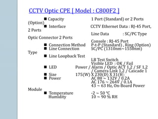 CCTV Optic CPE [ Model : C800F2 ]
 Capacity 1 Port (Standard) or 2 Ports
(Option)
 Interface CCTV Ethernet Data : RJ-45 Port,
2 Ports
Line Data : SC/PC Type
Optic Connector 2 Ports
Console : RJ-45 Port
 Connection Method P-t-P (Standard) , Ring (Option)
 Line Connection SC/PC (1310nm~1550nm)
Type
 Line Loopback Test
LB Test Switch
Visible LED : OK / Fail
 LED Power / Alarm / Optic ACT 1,2 / SF 1,2
/ Camera Link 1,2 / Cascade 1
 Size 175(W) X 230(D) X 31(H)
 Power AC 88 ~ 132V / 0.2A
AC 176 ~ 264V / 0.1A
43 ~ 63 Hz, On-Board Power
Module
 Temperature -2 ~ 50 ℃
Humidity 10 ~ 90 % RH
 