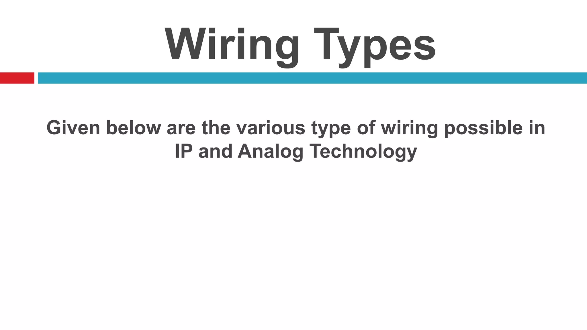 Wiring Types
Given below are the various type of wiring possible in
IP and Analog Technology
 