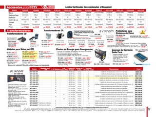 17A P L I C A N D E S C U E N T O S A D I C I O N A L E S A I N T E G R A D O R E S P R O F E S I O N A L E S A U T O R I Z A D O S S Y S C O M . D I S P O N I B I L I D A D Y P R E C I O S P U E D E N C A M B I A R S I N P R E V I O AV I S O .
P R E C I O S E N D Ó L A R E S M Á S I . V. A . ; T I P O D E C A M B I O V I G E N T E A L D Í A D E L A C O M P R A . N O I N C L U Y E F L E T E . A P L I C A N R E S T R I C C I O N E S , C O N S U LT E C O N S U E J E C U T I V O D E V E N TA S .
MODELO H3Z4518M 13VG308AS 13VG308ASIR ST-061514Z 13VG2811ASIR 13VG550ASII M13VG288IR ST066014Z A3Z3112CSM LENS4-10AI 13VG20100AS AG4Z1214M
Marca Computar TAMRON TAMRON Syscom TAMRON TAMRON TAMRON SYSCOM Video Computar Arecont Vision TAMRON Computar
Distancia Focal 4.5-3.2mm 3-8mm 3-8mm 6-15mm 2.8-11mm 5-50mm 2.8-8mm 6-60mm 3.1-8mm 4-10mm 20-100mm 12.5-50mm
Día/Noche Sí No Sí No Sí No Sí Sí Sí Sí No Sí
Control de Luz IRIS AUT/DC IRIS AUT/DC IRIS AUT/DC IRIS AUT/DC IRIS AUT/DC IRIS AUT/DC IRIS AUT/DC IRIS AUT/DC IRIS Manual IRIS AUT/DC IRIS AUT/DC IRIS AUT/DC
Formato 1/2” 1/3" 1/3” 1/3” 1/3” 1/3” 1/3” 1/3” 1/2.7” 1/2” 1/3” 1/3”
Tipo Convencional Convencional Convencional Convencional Convencional Convencional Megapixel Convencional Megapixel Megapixel Megapixel Megapixel
Precio US$ 279.00 US$ 45.00 US$ 56.00 US$ 44.00 US$ 99.00 US$ 122.00 US$ 149.00 US$ 79.00 US$ 149.00 US$ 249.00 US$ 225.00 US$ 369.00
Accesorios para CCTV
Transformadores
US$ 4.00
US$ 8.50
US$ 10.00
US$ 4.00
US$ 12.00
US$ 3.99 US$ 11.99
US$ 11.99
US$ 249.00
US$ 1,199.00
US$ 1,349.99
US$ 879.00
US$ 599.99
US$ 3.99
US$ 4.99
US$ 239.52
US$ 239.52
US$ 11.00
US$ 11.00
US$ 139.00 US$ 79.00
US$ 179.00
US$ 2.19
US$ 429.00
US$ 10.00
US$ 0.50
US$ 10.00
US$ 4.50
US$ 6.50
Lentes Varifocales Convencionales y Megapixel
Protectores para
Sistemas de Video
Fusible Intercambiable
SAW1200500
SAW1201000
Fuentes reguladas
para cámaras y
domos de 12 Vcd
(500 mA)
(1A)
4 50
s
Para Prevenir Corto Circuito
Ahorre en el cableado!!! Muy alta calidad, imagen sin degradación.
Paquete con 48 piezas Paquete con 48 piezas
TT-101P/P TT-101/P
NT-2416R
PE-14H1 PE-14HH1
PE-4H1/1250PE4H1/800Receptor activo, 16 canales
de video, 1900 m
Planta de energía de 1750W
máx Peso: 31.58kg
Planta de energía de 3000W
máx Peso: 32.50kg
Planta de energía de 1250W
máx Peso: 19.54kg
Planta de energía de 800W
máx Peso: 16.52kg
Transformadores CD
Módulos para Video por UTP
TRANSFORMADORES (CA)
CON FUSIBLE PROTECTOR
(Serie L) UDL-004
Fusible Intercambiable
Transformador
24 Vca, 40 VA
RT-2440L
Transformador
24 Vca, 50 VA
RT-2450L
Transformador
12 Vca, 30 VA
RT-1230L
Transformador
16 Vca, 40 VA
RT-1640L
Transformador
14 Vca, 40 VA
RT-1440L
24 Vca, 40 VA
24 Vca, 50 VA
Fuente Regulada
12 Vcd, 1 A.
RT-2440
RT-2450 RT-2475
12V1ARH
US$ 8440
NT-611L
NT-101PC
Transceptor pasivo Tipo L,
1 canal, 300 m
Transceptor pasivo,
1 canal, 300 m
Transceptor pasivo,
1 canal, 300 m
Par de tranceptores pasivos,
1 canal con minicable
Par de tranceptores pasivos,
1 canal
NT-611 TT-101P TT-101
DTK-DP4P-TPV
DTK-PVP27B-TPV
Protector completo para
cámaras con PTZ (UTP)
Protector para cámaras ﬁjas por UTP
DTK-RM16NM
Protector para 16 canales
de video (DVRs)
Pregunte por Disponibilidad
PST-12S-12A
Ideal para Alimentar
Domos PTZ
RFB1707DConector BNC Macho para cable RG-59/U, RG-11/U. de 3
piezas de Pin soldado y anillo ponchado, 27 mm, anillo 13 mm
Transformador
24 Vca, 75 VA12V1ARH
· Incluyen un cargador de baterías, así como un inversor.
· No incluyen acumuladores o baterías.
· Se recomienda utilizar baterías libre de
· mantenimiento ASBP-110A, PK110-12 o PV27DC.
PE-14H1
Dim: 340 x 545 x 530 mm
Plantas de Energía para Emergencias
· Voltaje de entrada 12 Vcd.
· Voltaje de salida 120 Vca.
· Potencia Nominal 120 W.
· Peso: 454 g.
· Dim. 189 x 105 x 30.5 mm.
· Onda sinusoidal pura.
Inversor de Corriente
Onda Pura
* Voltaje variable en el primario del transformador. Elija el TAP para adaptarse al voltaje existente de su línea de Vca.
· Gabinete metálico color negro.
· Sistema de ventilación perma-
mente (Sólo Vcd).
· Terminales protegidas c/ fusibles
de fusión ráp.
· Instalar fuentes cerca de las
cámaras (60m. máx.)
· Protecciónelectrónicadesobrecargay
voltaje (SóloenVcd).
· Cable Vca con tierra física.
· Voltaje de entrada (115, 127 y
132 Vca)
seleccionable (sólo en fuentes
Vca).
· Voltaje de entrada autoregulado de
90-230 Vca (Sólo Vcd).
· Baterías no incluidas.
GRT-1208-VDC
Transformadores CA
PRECIOS
MEJORADOS
Modelo Respaldo para
DVR # de Cámaras # de
Domos PTZ
Voltaje de
Entrada
Voltaje de
Salida
Corriente
de Salida (amp) Observaciones Precio
GRT-1202-VDC 4 90-230 Vca 12 Vcd 4 1 tablilla de distribución para conexión de 4 cámaras. US$ 61.00
GRT-1204-VDC 8 90-230 Vca 12 Vcd 4 1 tablilla de distribución para conexión de 8 cámaras. US$ 72.00
GRT-1204-VDCR 8 90-230 Vca 12 Vcd 4 2 tablillas de distribución para conexión de 8 Cámaras. Montaje en rack 19”. US$ 115.00
GRT-1204-VDCT 8 90-230 Vca 12 Vcd 4 1 tablilla de distribución, protección con fusibles térmicos. US$ 70.00
GRT-1208-VDCT 16 90-230 Vca 12 Vcd 8 2 tablillas de distribución, protección con fusibles térmicos. US$ 118.00
GRT-1208-VDC 16 90-230 Vca 12 Vcd 8 2 tablillas de distribución para conexión de 16 cámaras. US$ 129.00
GRT-1208-VDCR 16 90-230 Vca 12 Vcd 8 2 tablillas de distribución para conexión de 16 Cámaras. Montaje en rack 19” US$ 168.00
PS-18DC10UPC 18 120-240 Vca 12 Vcd 10 1 tablilla de distribución para conexión de 18 cámaras. US$ 89.00
GRT-2404-V* 8 115-132 Vca 24 Vca 4 1 tablilla de distribución para conexión de 8 cámaras. US$ 120.00
GRT-2408-V* 16 115-132 Vca 24 Vca 8 2 tablillas de distribución para conexión de 16 cámaras. US$ 220.00
GRT-2412-DUAL 16 115-132 Vca 24 Vca/12 Vcd 8 2 tablillas de distribución para conexión de 8 cámaras Vcd y 8 cámaras Vca US$ 180.00
GRT-2408-DV* 8 115-132 Vca 24 Vca 8 1 tablilla de distribución para conexión de 8 domos US$ 220.00
GRT-2408-VR* 16 115-132 Vca 24 Vca 8 2 tablillas de distribución para conexión de 16 cámaras. Montaje en rack 19” US$ 238.00
GRT-2416-DV* 16 115-132 Vca 24 Vca 16 2 tablillas de distribución para conexión de 16 domos US$ 325.00
GRT-2404-VR* 8 115-132 Vca 24 Vca 4 2 tablillas de distribución para conexión de 8 Cámaras. Montaje en rack 19” US$ 145.00
GRT1202VDCC** DS7204HVI-ST/ED104 4 90-264 Vca 12 Vcd 2.8 1Tablilla de distribución, alimentación a DVR con respaldo de Batería (no incluida) US$ 99.00
GRT1204VDCC** DS7208HVIST/ED208 8 90-264 Vca 12 Vcd 4.75 1Tablilla de distribución, alimentación a DVR con respaldo de Batería (no incluida) US$ 129.00
 