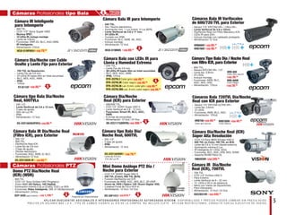 5A P L I C A N D E S C U E N T O S A D I C I O N A L E S A I N T E G R A D O R E S P R O F E S I O N A L E S A U T O R I Z A D O S S Y S C O M . D I S P O N I B I L I D A D Y P R E C I O S P U E D E N C A M B I A R S I N P R E V I O AV I S O .
P R E C I O S E N D Ó L A R E S M Á S I . V. A . ; T I P O D E C A M B I O V I G E N T E A L D Í A D E L A C O M P R A . N O I N C L U Y E F L E T E . A P L I C A N R E S T R I C C I O N E S , C O N S U LT E C O N S U E J E C U T I V O D E V E N TA S .
Cámaras Profesionales tipo Bala
Cámaras Profesionales PTZ
US$ 69.00
US$ 49.00
US$ 49.00
US$ 49.00
US$ 49.00
US$ 79.00
US$ 89.00
US$ 449.00
US$ 399.00
US$ 249.00
US$ 49.00US$ 49.00
US$ 99.00
US$ 89.00
DS-2CE1582N-IR
Cámara Bala IR Día/Noche Real
(Filtro ICR), para Exterior
· DIS 1/3”.
· 600 TVL.
· Día/Noche Real ICR.
· Lente ﬁjo de 3.6 mm.
· 3 Ejes de ajuste.
· Shutter electrónico.
· Funciones: AGC, AWB, EI, BLC.
· Alimentación 12 Vcd.
SSCCB574R
Cámara IR Día/Noche
Real (ICR), 700TVL
· 700 TVL
· CCD 1/3” ExView HAD II.
· Para Exterior.
· Lente Varifocal de 9 – 22 mm.
· 14 LEDs a 30 m de distancia.
· Menú por medio de Dipswitches.
· Para intemperie.
· Alimentación: 12 Vcd / 24 Vca.
Cámara Bala con LEDs IR para
Lluvia y Humedad Extrema
· 540 TVL.
· Lente Fijo de 3.6 mm.
· 36 LEDs IR hasta 30m en total oscuridad.
· BLC, AES, AGC, AWB.
· IP68, 12Vcd.
RYK-2Q79L3 Color gris
RYK-2Q79L3B Color negro
RYK-2Q79L36 Len. 6 mm, color gris
RYK-2Q79L3B6 Len. 6 mm, color negro
HCUI-G1NF0U51
Cámara IR Inteligente
para Intemperie
· 600 TVL.
· CCD 1/3” Sony Super HAD.
· Norma IP67.
· 12 LEDs IR, incluye montaje
· Lente de 3.6mm.
· Funciones: DNR 2D, BLC, AGC,AWB,
IR Inteligente.
· Alimentación 12Vcd.
· 700 TVL de Resolución.
· Lente Fijo de 3.6 mm.
· 24 LEDs IR hasta 20m en total oscuridad.
· BLC, AES, AGC, AWB.
· IP68.
· 12Vcd.
EY-B115F
Cámara Día/Noche con Cable
Oculto y Lente Fijo para Exterior
· Sensor 1/3” EPCOM HR+ / Ultra HR+.
· Lente Varifocal de 2.8 a 12mm.
· Día/Noche Real con Filtro Mecánico ICR.
· LEDs IR para 20m.
· Incluye montaje con cableado protegido.
· Alimentación 12 Vcd.
Cámaras Bala IR Varifocales
de 600/720 TVL para Exterior
HRB700V
HRB600V
DS-2CC1173(NVFIR)
VN6XEHIR
HRB700WHRB700
· 560/600 TVL.
· CCD 1/3” SONY Super HAD II.
· Lente Varifocal de 2.8 - 12 mm.
· Funciones: Smart IR, BLC, AGC,
AWB.
· 8 Zonas de privacidad.
· Alimentación: 12 Vcd / 24 Vca.
· CCD 1/3 Sony 960H EXview HAD II.
· 650 TVL en Color, 700 TVL en B/N.
· Lente de 2.8 a 12 mm (Ajuste externo).
· Iluminación mínima 0 Lux.
· IR Inteligente (21 LEDs, 30m).
· Funciones: BLC, AGC, ATB, AES, 2DNR.
· Soporta RS485 Pelco D).
· Sensor 1/4” EPCOM ULTRA HR+.
· Lente ﬁjo: 3.6mm.
· 12 LEDs.
· Funciones: AWB, BLC, AGC.
· Alimentación: 12Vcd.
Cámara Día/Noche
Real (ICR) para Exterior
Cámara Día/Noche Real (ICR)
Súper Alta Resolución
Cámaras Bala 720TVL Día/Noche
Real con ICR para Exterior
Lente de 3.6 mm
15m de Luz IR
US$ 79.00
US$ 89.99
DS-2CE1582NIR1
DS-2CE1582N(VFIR3)
· DIS 1/3”.
· 3 ejes de ajuste.
· IP66.
· Alimentación: 12 Vcd.
· DIS 1/3”.
· Lente Varifocal de 2.8 a 12 mm.
· 3 ejes de ajuste.
· 40m de Luz IR.
· IP66.
· Alimentación: 12 Vcd.
Cámara tipo Bala Día/
Noche Real, 600TVL
Cámara tipo Bala Día/Noche
Real, 600TVLs
m.
PRECIOS
MEJORADOS
R.
CR)
US$ 1,199.00
Domo PTZ Día/Noche Real
(ICR) (WDR)
· 600 TVL
· CCD 1/4” Sony ExView HAD Progresivo
· Zoom 688X (43 Optico, 16X Digital).
· Iluminación mínima 0.3Lux (Color), 0.03 Lux B/N.
· Funciones: Video Inteligente, DIS, A1.Multiprotocolo
· Alimentación: 24Vca.
SCP-3430 para Interior
Z
Pregunte por Disponibilidad
Montaje
Incluido
US$ 619.00
DS-2AF1412
· CCD 1/4” SONY Super HAD II.
· 540 TVL (Color), 600 TVL (B/N).
· Función Día/Noche con ICR.
· Funciones de AWB, AGC, AES, BLC, 3D-DNR.
· Zoom de 192X ( Óptico 12X /Zoom Digital 16X).
· Longitud Focal de 3.8 a 45.6 m.
· Alimentación: 12 Vcd / 24 Vca
Mini Domo Análogo PTZ Día /
Noche para Exterior
MMMMMMMMMontMMMMMMMMMMMMMMMMMMMMMMMMMMMMMMMMMMMMMMMMMMMM aje
IIIInInnnInclIInnIIIIIInInnInInnnnnIIIIII uido
6X).
NUEVO
US$ 89.00
· 540 TVL.
· Día / Noche electrónico.
· Iluminación mín. 1 Lux (color), 0 Lux (B/N).
· Lente Varifocal de 2.8 a 11 mm.
· 24 LEDs IR.
· Cumple con IP66.
· Funciones: BLC, AWB, AE, AGC.
· Incluye montaje.
· Alimentación 12 Vcd.
Cámara Bala IR para Intemperie
HCUI-E1NNW5
US$ 39.00
US$ 39.00
HRB-600B
Color Negro
Color gris oscuro Color blanco
HRB-600
Color Gris oscuro
· 600 TVL.
· Sensor EPCOM HR+ 1/3”.
· Lente ﬁjo: 3.6mm.
· 24 LEDs.
· Incluye montaje.
· Funciones: AWB, BLC,
AGC, AES, DSS.
· Alimentación: 12Vcd.
Cámara Tipo Bala Día / Noche Real
con ﬁltro ICR, para Exterior
Real
s
or
/Noche
r
he
 