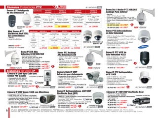 6 A P L I C A N D E S C U E N T O S A D I C I O N A L E S A I N T E G R A D O R E S P R O F E S I O N A L E S A U T O R I Z A D O S S Y S C O M . D I S P O N I B I L I D A D Y P R E C I O S P U E D E N C A M B I A R S I N P R E V I O AV I S O .
P R E C I O S E N D Ó L A R E S M Á S I . V. A . ; T I P O D E C A M B I O V I G E N T E A L D Í A D E L A C O M P R A . N O I N C L U Y E F L E T E . A P L I C A N R E S T R I C C I O N E S , C O N S U LT E C O N S U E J E C U T I V O D E V E N TA S .
· CCD Sony Super HAD.
· 540 TVL (Color), 570 TVL (B/N).
· Función Día/Noche con ICR.
· 100m de visión con LEDs IR.
· Zoom (23X/30X/36X) Óptico y 16X Digital).
· IP66, Alimentación: 24 Vca.
Cámaras Profesionales PTZ
Sistemas de Video IP
NC-S103-3Z
NC-P103-WV
US$ 2,599.00
US$ 1,189.00
US$ 1,259.00
US$ 699.00
US$ 699.00US$ 899.00
US$ 1,199.00
US$ 1,279.00
US$ 249.00
US$ 259.00
US$ 579.00
US$ 769.00US$ 1,099.00
US$ 899.00
US$ 689.00
US$ 299.00
US$ 199.00
US$ 569.00
Domo PTZ Antivandalismo
de Alta Velocidad
Domo IP PTZ 4CIF de
Alta Velocidad 432X
Domo IP PTZ Antivandálico
4CIF 100X
SCP-3120VH Exterior
Interior
Exterior
· CCD ¼ Sony ExView HAD Progresive Scan,
410,000 Pixeles.
· Iluminación Mínima a color 0.7 Lux, 0.001 Lux
(Sense Up X512).
· Zoom de 192X, (12X óptico y 16X digital).
· Longitud Focal de 3.6 a 44.3 mm.
· Alimentación: 24 Vca.
· CCD 1⁄4 SONY Ex - View HAD.
· Función Día/Noche con ICR.
· Zoom de 432X, (36X óptico y 12X digital).
· Longitud Focal de 3.4 a 122.4 mm.
· Alimentación: 24 Vca.
· Compatible con joystick INK1000.
· CCD 1⁄4 SONY Ex - View HAD.
· Función Día/Noche con ICR.
· Zoom de 100X, (10X óptico y 10X digital).
· Longitud Focal de 3.8 a 38 mm.
· Alimentación: 12 Vcd.
· Compatible con joystick INK1000.
Domo PTZ Análogo
Alta Velocidad 22X
· CCD 1/4” Sony Super HAD.Iluminación
mínima 1.0 lux color, 1.0 lux B/N.
· 540 TVL.
· Funciones ACUB, AGC, AES, BLC.
· IP66, Alimentación: 24 Vca.
DS-2AF1512
DS-2AF1502
Domo PTZ IR Alta
Velocidad 23X/30X/36X
DS-2AF1714 (23X)
DS-2AF1716 (30X)
DS-2AF1718 (36X)
·
·
·
·
·
·
D
V
Versión WI-FI
· Compresión H.264, MPEG4, MJPEG.
· CMOS 1⁄2.8” Scan Progresivo.
· Soporta CIF, QVGA, VGA, Half-D1, D1, 720p,
1080p.
· Control de Bitrate: 4Mbps.
· Luz IR Inteligente.
· Alimentación 12Vcd, 24Vca, PoE (802.3 af)
HDUT422F
Cámara Bala IP 2MP
Infrarroja para Intemperie
(1 MP)
(1 MP)
Compatible con NVR SN
Compatible con NVR SN
Compatible con NVR SN
Compatible con NVR SN
Compatible con NVR SN
(2 MP)
(2 MP), Dual Streaming
Cámaras IP 1MP/2MP Día/Noche Real
NC-B220-DN
NC-B120-DN
NC-B110-DN
NC-B210-DN
· CMOS 1/2.7” Scan Progresivo.
· Compresión H.264 / MJPEG.
· MAT (Transmisión Adaptada al Movimiento).
· Triple Streaming.
· PoE y WDR.
NCT-2221 NCT-2211
NC-D103VD (4CIF)
NC-D220VD (2MP)NC-Z220-1Z
· Compresión H.264, MJPEG.
· CMOS 1⁄4” Scan Progresivo.
· Soporta QVGA, VGA, D1, 720p, 1080p.
· Lente 3.6 mm.
· Alimentación: 5 Vcd, PoE (802.3 at).
· Compresión H.264/MJPEG
· CMOS ½.7” Scan Progresivo, Lente Varifocal 3-9mm
· 1 Entrada/Salida de Audio
· Funciones: , MAT, WDR, Videoanálisis
(sólo NC-D220-VD)
· Compatible con Webguard (IE), INIT, iNEX, iSYSPRO
· Alimentación 12Vcd/24Vca, PoE 802.3af, 7W.
· Compresión H.264/MJPEG
· Lente Zoom 18X (4.7-84.6mm), 10X Digital.
· 1 Entrada/Salida de Audio (Incluye Micrófono)
· Funciones: Det. de Mov., MAT, WDR, 3D-DNR,
Máscara de Priv., Videoanálisis.
· Compatible con Webguard (IE), INIT, iNEX,
iSYSPRO (Smartphone y tablet)
· Alimentación 12Vcd/24Vca, PoE 802.3 af, 6 W.
Cámara IP 2MP tipo Cubo con
Sensor PIR y Audio
Domo IP Antivandalismo 4CIF/2MP
Dia/Noche Real (ICR)Cámara IP 2MP Zoom 180X con Micrófono
US$ 199.00
US$ 1,199.00
US$ 1,399.00
Domo Día / Noche PTZ 30X/36X
Análogo Para Exterior
Domos PTZ Inteligente
de Alta Velocidad
· 540 TVL
· CCD 1/4” Sony Super HAD.
· Iluminación mínima 0.2 lux Color, 0.02 lux B/N.
· Zoom de 480X, (30X/36X óptico y 16X digital).
· Incluye: Domo, Housing para exterior y bracket
· IP66.
· Alimentación: 24 Vca.
DS-2AF1516 (30X)
DS-2AF1518 (36X)
Especiﬁcación FASTRAX III
(HF3S28DN)
FASTRAX IV
(HF-4S36DN)
FASTRAX III
(HF-3H36GN)
FASTRAX IV
(HF-4H36GN)
Tipo Color / Día / Noche WDR Color / Día / Noche WDR
Resolución
Módulo-Cámara
550 TVL, CCD 1/4” SONY ExView
700 TVL, CCD 1/4” SONY
ExView HAD 960H
650 TVL, CCD 1/4” SONY
ExView
Zoom 28X Óptico / 12X Digital 36X Óptico / 12X Digital 36X Óptico / 16X Digital 36X Óptico / 16X Digital
Longitud Focal 3.5 mm - 98 mm 3.4 mm - 122.4 mm 3.4 mm - 122.4 mm 3.4 mm - 122.4 mm
Funciones Preset, Tour, Patron Videoanálisis, Autoseguimiento Preset, Tour, Patron Videoanálisis, Autoseguimiento
Alimentación 24Vca 24Vca
Precio
US$ 1,239.00 US$ 1,339.00 US$ 1,849.00 US$ 2,249.00HDH-304-OC 199 00
teligente
dad
Housing
PRECIOS
MEJORADOS
0
,
HDB243
Montaje de Pared IP66
US$ 59.00
· 580 TVL.
· Lente 3.9 a 85.8 mm.
Mini Domos PTZ
Día/Noche Real (ICR)
22X Zoom Óptico
MINITRAX 3L
MINITRAX 3IP
MINITRAX III y 4
Especiﬁcación MINITRAX 3L MINITRAX III MINITRAX 4 MINITRAX 3IP
CCD
1/4” Sony Super
HAD II
1/4” Sony Efﬁo-P™
ExView HAD II 760H
CCD 1/4” Sony
Super HAD II
CCD 1⁄4” Sony EXview
HAD Scan Progresivo.
WDR - Sí Sí Sí
TVL 580 580 700 580
Funciones Preset, Tour, Auto Escan, Función de Casa
Aplicación Interior Exterior (IP66) Exterior (IP66) Exterior (IP66)
Antivandalismo - Sí Sí SÍ
TCP/IP - - -- Sí
Alimentación 12Vcd 12Vcd/24Vca 12Vcd / 24 Vca 12Vcd
Precio
US$ 675.00 US$ 689.00 US$ 1,049.00 US$ 1,349.00
Montaje
Incluido
Montaje
Incluido
 