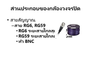ส่วนประกอบของกล้องวงจรปิ ด
• สายสัญญาณ
–สาย RG6, RG59
• RG6 ระยะสายไกลสุด 450M
• RG59 ระยะสายไกลสุด 350M
• หัว BNC
 
