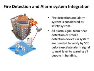 • Fire detection and alarm
system is considered as
safety system.
• All alarm signal from heat
detection or smoke
detection devices in system
are needed to verify by SCC
before escalate alarm signal
to next level to warning all
people in building.
Fire Detection and Alarm system Integration
 