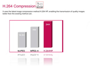 H.264 Compression
It uses the latest image compression method H.264 HP, enabling the transmission of quality images
better than the existing method can.
 