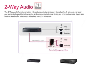 2-Way Audio
The 2-Way Audio function enables interactive audio transmission via networks. It allows a manager
and a monitoring staffer to interactive and communicate in real time even in long distances. It can also
issue a warning for emergency situations using its speakers.
 