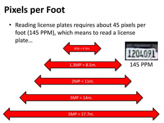 • Reading license plates requires about 45 pixels per
foot (145 PPM), which means to read a license
plate…
VGA = 4.3m.
1.3MP = 8.5m.
2MP = 11m.
3MP = 14m.
5MP = 17.7m.
Pixels per Foot
145 PPM
 