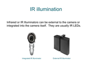 IR illumination
Infrared or IR Illuminators can be external to the camera or
integrated into the camera itself. They are usually IR LEDs.
Integrated IR Illuminator External IR Illuminator
 