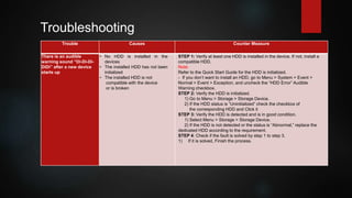 Trouble Causes Counter Measure
There is an audible
warning sound “Di-Di-Di-
DiDi” after a new device
starts up
• No HDD is installed in the
devices
• The installed HDD has not been
initialized
• The installed HDD is not
compatible with the device
or is broken
STEP 1: Verify at least one HDD is installed in the device. If not, install a
compatible HDD.
Note:
Refer to the Quick Start Guide for the HDD is initialized.
- If you don’t want to install an HDD, go to Menu > System > Event >
Normal > Event > Exception, and uncheck the “HDD Error” Audible
Warning checkbox.
STEP 2: Verify the HDD is initialized.
1) Go to Menu > Storage > Storage Device.
2) If the HDD status is “Uninitialized” check the checkbox of
the corresponding HDD and Click it
STEP 3: Verify the HDD is detected and is in good condition.
1) Select Menu > Storage > Storage Device.
2) If the HDD is not detected or the status is “Abnormal,” replace the
dedicated HDD according to the requirement.
STEP 4: Check if the fault is solved by step 1 to step 3.
1) If it is solved, Finish the process.
Troubleshooting
 