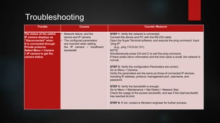 Trouble Causes Counter Measure
The status of the added
IP camera displays as
“Disconnected” when
it is connected through
Private protocol.
Select Menu > Camera
> IP camera to get the
camera status
• Network failure, and the
device and IP camera
• The configured parameters
are incorrect when adding
the IP camera – insufficient
bandwidth
STEP 1: Verify the network is connected.
Connect the device and PC with the RS-232 cable.
Open the Super Terminal software, and execute the ping command. Input
“ping IP”
(e.g., ping 172.6.22.131).
NOTE:
Simultaneously press Ctrl and C to exit the ping command.
If there exists return information and the time value is small, the network is
normal.
STEP 2: Verify the configuration Parameters are correct.
Go to Menu > Camera.
Verify the parameters are the same as those of connected IP devices,
including IP address, protocol, management port, username, and
password.
STEP 3: Verify the bandwidth is enough.
Go to Menu > Maintenance > Net Detect > Network Stat.
Check the usage of the access bandwidth, and see if the total bandwidth
has reached its limit.
STEP 4: If not, contact a Hikvision engineer for further process.
Troubleshooting
 