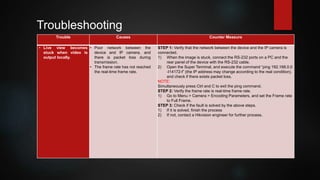 Trouble Causes Counter Measure
• Live view becomes
stuck when video is
output locally.
• Poor network between the
device and IP camera, and
there is packet loss during
transmission.
• The frame rate has not reached
the real-time frame rate.
STEP 1: Verify that the network between the device and the IP camera is
connected.
1) When the image is stuck, connect the RS-232 ports on a PC and the
rear panel of the device with the RS-232 cable.
2) Open the Super Terminal, and execute the command “ping 192.168.0.0
-I14172-f” (the IP address may change according to the real condition),
and check if there exists packet loss.
NOTE:
Simultaneously press Ctrl and C to exit the ping command.
STEP 2: Verify the frame rate is real-time frame rate.
1) Go to Menu > Camera > Encoding Parameters, and set the Frame rate
to Full Frame.
STEP 3: Check if the fault is solved by the above steps.
1) If it is solved, finish the process
2) If not, contact a Hikvision engineer for further process.
Troubleshooting
 