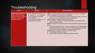 Trouble Causes Counter Measure
When using the device to
get the Live View audio,
there is no sound, there is
too much noise, or the
volume is too low.
• Cable between the pickup and
IP camera is not connected
well; impedance mismatches
or incompatible
• The encoding standard is not
supported by the device.
STEP 1: Verify the cable between the pickup and IP camera is connected
well and impedance matches and is compatible.
1) Log in the IP camera directly, and turn the audio on. Check if the sound
is normal. If not, contact the IP camera manufacturer.
STEP 2: Verify the setting parameters are correct
1) Go to Menu > Camera > Encoding Parameters, and set the Stream
Type as “Audio & Video.”
STEP 3: Verify the IP camera’s audio encoding standard is supported by the
device.
1) The device supports G722. 1 and G711 standards, and if the encoding
parameter of the input audio is not one of the previous two standards,
log in the IP camera to configure it to a supported standard.
STEP 4: Check if the fault is solved by the above steps.
1) If it is solved, finish the process.
2) If not, contact a Hikvision engineer for further process.
Troubleshooting
 