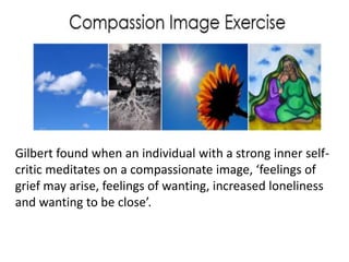 Gilbert found when an individual with a strong inner self-
critic meditates on a compassionate image, ‘feelings of
grief may arise, feelings of wanting, increased loneliness
and wanting to be close’.
 
