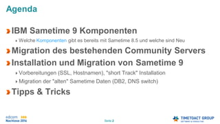 Seite 2
Agenda
IBM Sametime 9 Komponenten
Welche Komponenten gibt es bereits mit Sametime 8.5 und welche sind Neu
Migration des bestehenden Community Servers
Installation und Migration von Sametime 9
Vorbereitungen (SSL, Hostnamen), "short Track" Installation
Migration der "alten" Sametime Daten (DB2, DNS switch)
Tipps & Tricks
 
