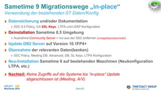 Seite 21
Sametime 9 Migrationswege „in-place“
Verwendung der bestehenden ST Daten/Konfig
Datensicherung und/oder Dokumentation
SSC 8.5 Policy, CA SSL Keys, LTPA und LDAP Konfiguration
Deinstallation Sametime 8.5 Umgebung
Ausnahme Community Server = nur aus der SSC entfernen (unregisterproductnode)
Update DB2 Server auf Version 10.1FP4+
Übernahme der relevanten Daten(banken)
SSC Policy, Meeting DB, Advanced, DB, SL Keys, LTPA Konfiguration
Neu-Installation Sametime 9 auf bestehenden Maschinen (Neukonfiguration
LTPA, etc.)
Nachteil: Keine Zugriffe auf die Systeme bis “in-place“ Update
abgeschlossen ist (Meeting, A/V)
 